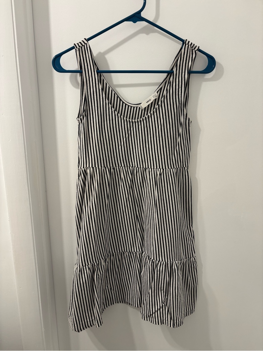 Mango Black and White Striped Sleeveless Tiered Mini Dress
